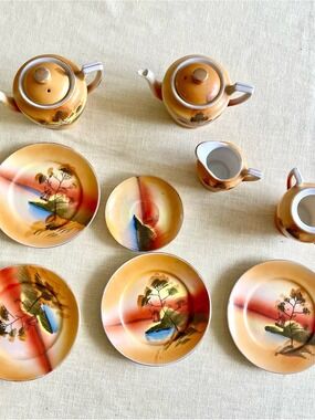 Vintage Japan Hand Painted Lusterware Tea Set Scenic Landscape 11 Piece
